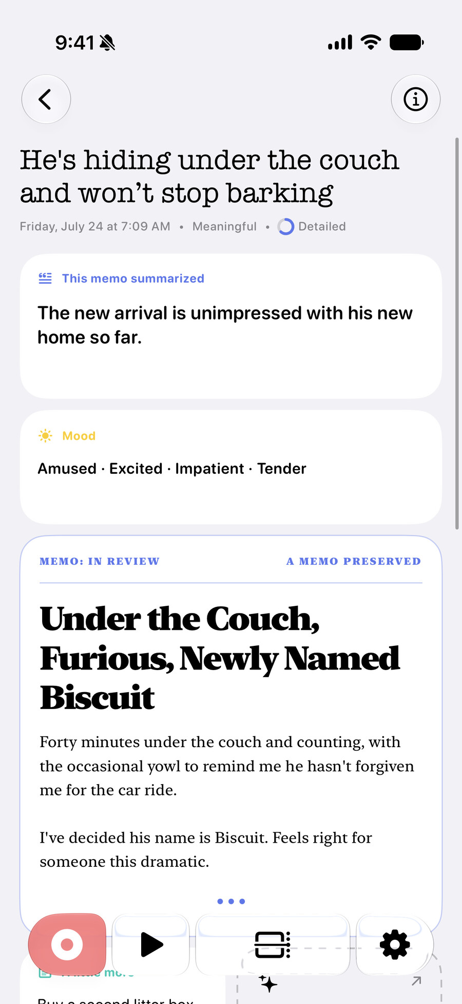 A Memo written up as a newspaper-style article headlined 'Under the Couch, Furious, Newly Named Biscuit'