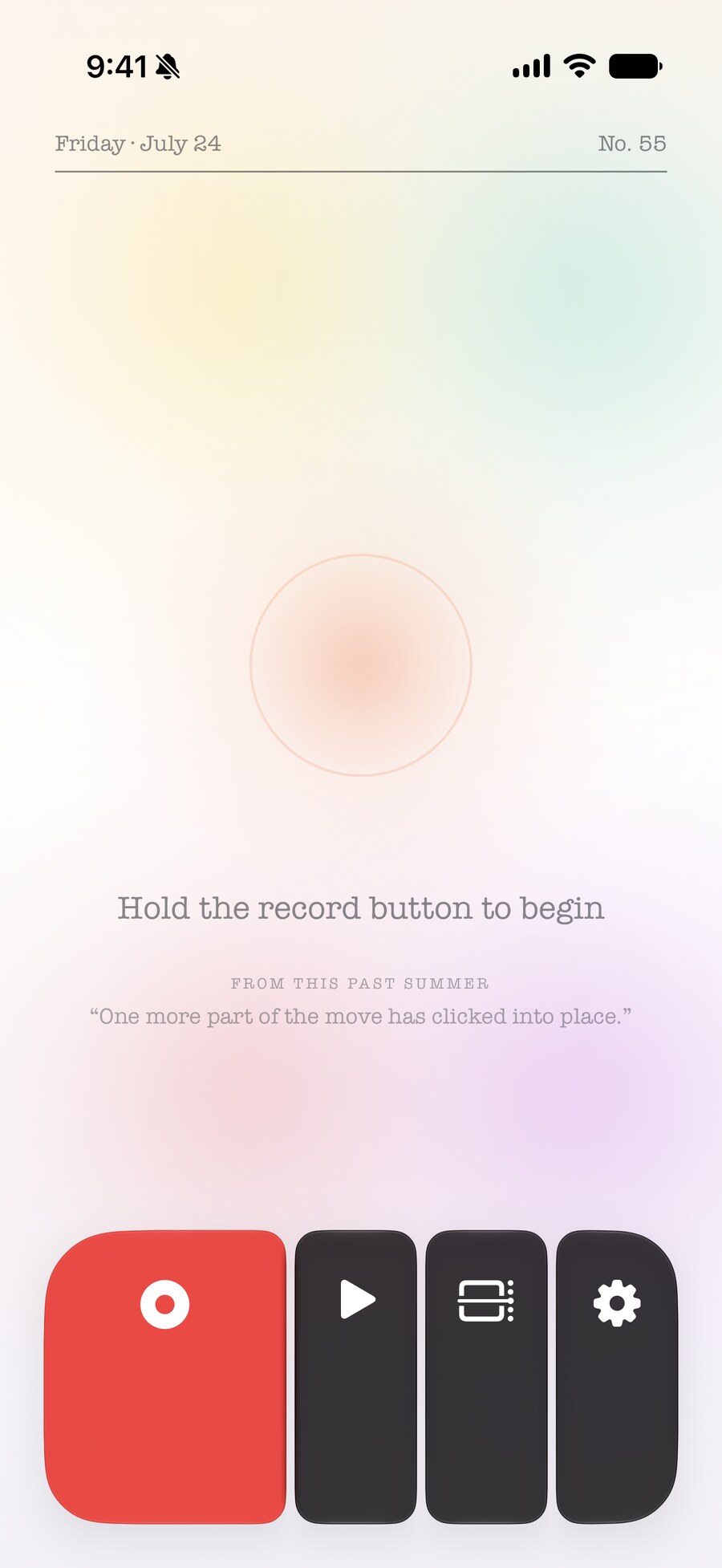 Memo record screen showing the date, a soft glowing orb, and the prompt to hold the record button