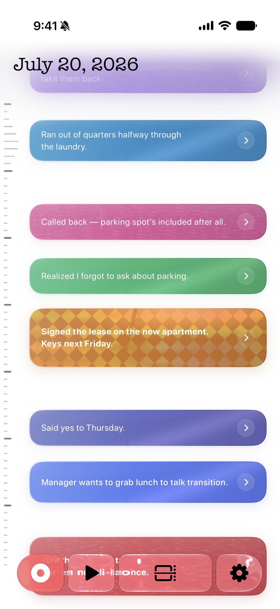 Memo home timeline for July 20 with colorful memo cards of different sizes